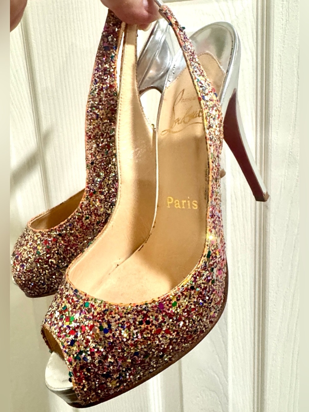 Christian Louboutin/Multicolor Glitter Peep-Toe Slingback/US Size 7! WORN ONCE!!